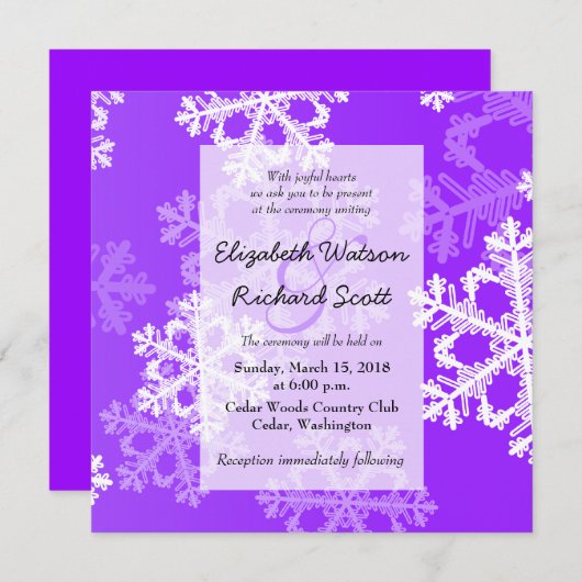 パープルスノーフレークスクリスマス結婚式招待状 招待状 (正面/裏面)