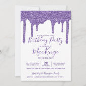 パープルスパークルグリッタードリップズ任意の年誕生日 招待状 (正面)