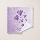 パープルスパークルグリッターハートラベンダー バスタオルセット (ウォッシュタオル)