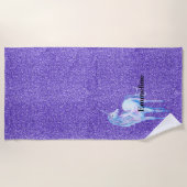 パープルスパークルグリッターユニコーン名 ビーチタオル (正面)