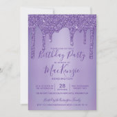 パープルスパークルグリッター垂れ流し 誕生日 招待状 (正面)