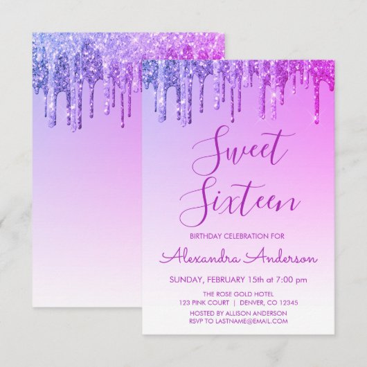パープルスパークルグリッターSweet sixteen誕生日 招待状 (正面/裏面)