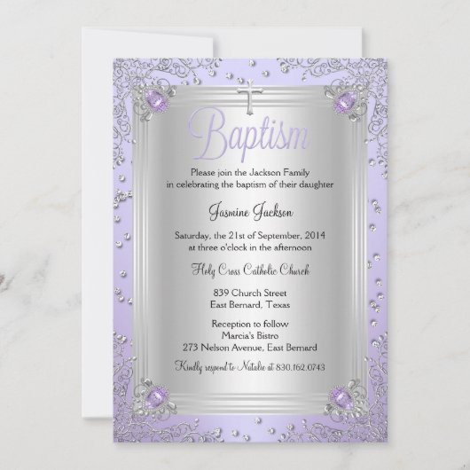 パープルスパークルジュエルバプテスマ《キリスト教》洗礼式や命名式 招待状 (正面)