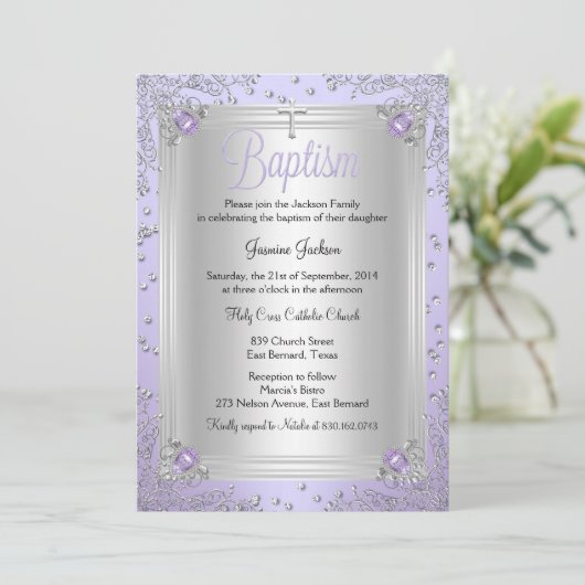 パープルスパークルジュエルバプテスマ《キリスト教》洗礼式や命名式 招待状 (スタンド正面)