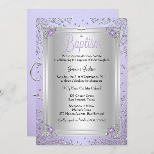 パープルスパークルジュエル洗礼式 名付け 招待状 (正面/裏面)