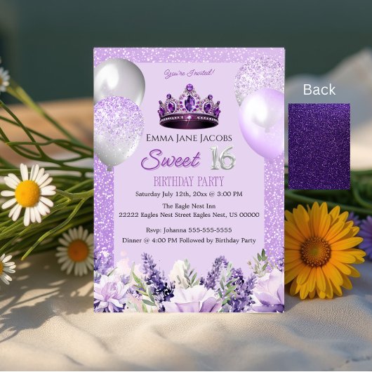 パープルスパークルスウィート16誕生日パーティーの招待 招待状