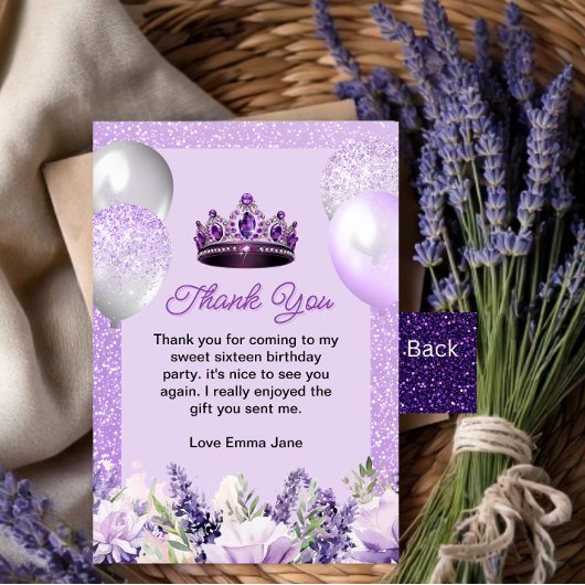 パープルスパークルスウィート16誕生日パーティー サンキューカード