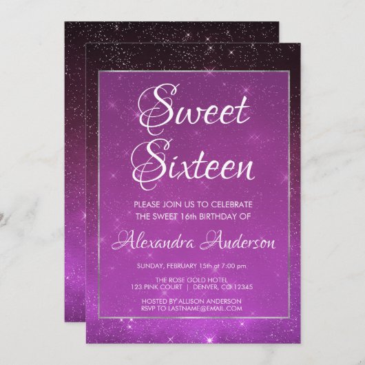 パープルスパークルスカイスウィート16誕生日招待状 招待状 (正面/裏面)
