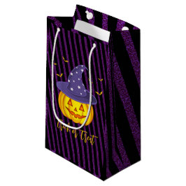 パープルスパークルズ&ブラックストライプズハロウィーンパンプキン スモールペーパーバッグ