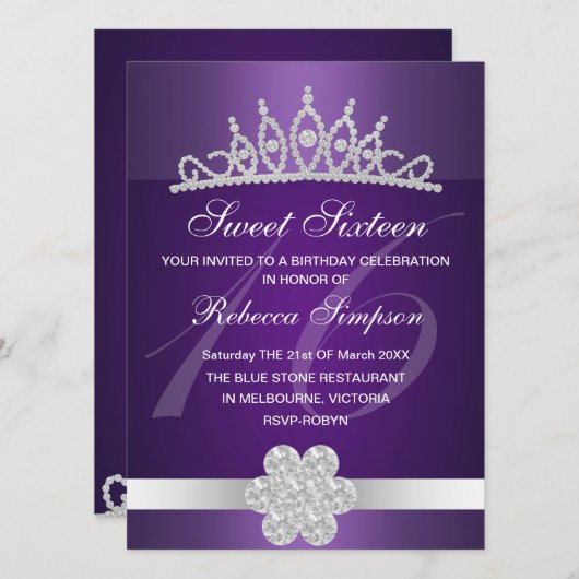 パープルスパークルティアラ誕生日招待状 招待状 (正面/裏面)