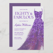 パープルスパークルドレスゴージャス80th誕生日パーティー 招待状 (正面/裏面)