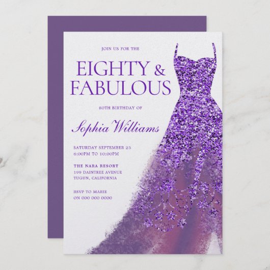 パープルスパークルドレスゴージャス80th誕生日パーティー 招待状 (正面/裏面)