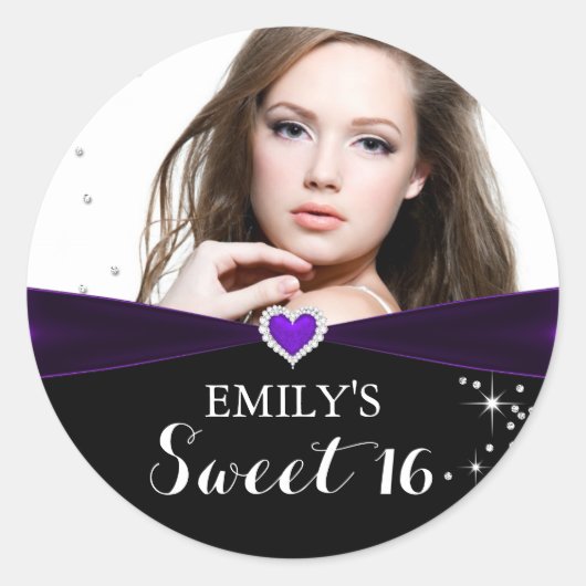パープルスパークルハートフォトSweet sixteenシール ラウンドシール (正面)