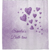 パープルスパークルハートラベンダーグリッター シャワーカーテン (正面)