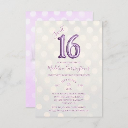 パープルスパークルホイルスウィート16誕生日写真 招待状 (正面/裏面)