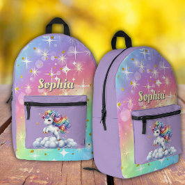 パープルスパークルマジカルユニコーンプリントカットソーバッグ プリントバックパック