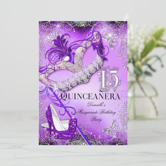 パープルスパークルマスカレードキンセアニェラ誕生日 招待状 (スタンド正面)