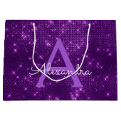 パープルスパークルモノグラム – 名前を追加 ラージペーパーバッグ (正面)