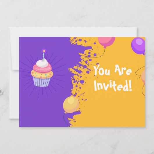 パープルスプラッシュカップケーキバルーン誕生日招待状 招待状 (裏面)