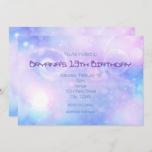 パープルスペーシーライトバースデーパーティ招待状 招待状 (正面/裏面)