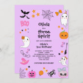 パープルスリースピリット幽霊ハロウィーン3回目の誕生日 招待状 (正面/裏面)