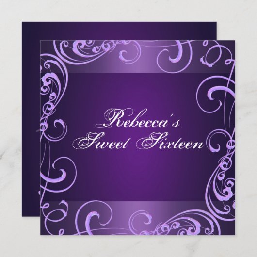 パープルスワールスウィート16誕生日招待状 招待状 (正面/裏面)