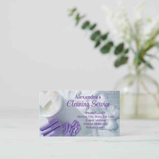 パープルスードクリーエレガントニングサービスハウスキーピング 名刺 (スタンド正面)