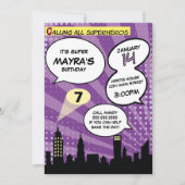 パープルスーパーヘロス漫画ブックスタイルバースデーパーティー 招待状 (正面)