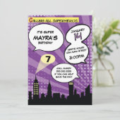 パープルスーパーヘロス漫画ブックスタイルバースデーパーティー 招待状 (スタンド正面)