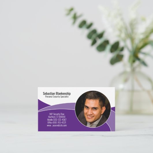 パープルセキュリティプロフェッショナルカスタム写真QRコード 名刺 (スタンド正面)