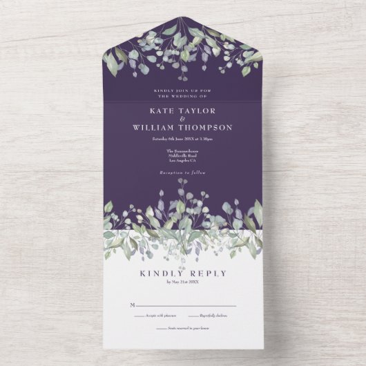 パープルセージと薄紫フローラモノグラム結婚ズ オールインワン招待状 (内側)