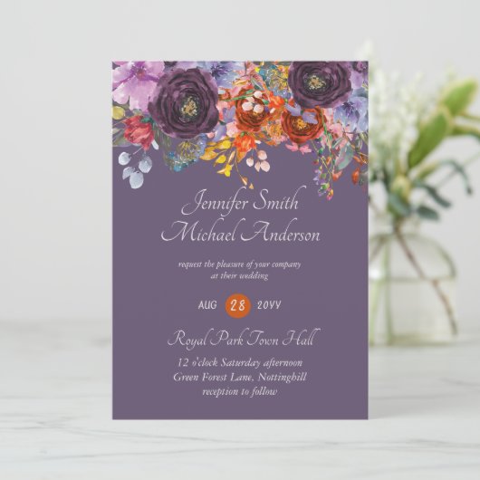 パープルセージオレンジピンクフローラ結婚式招待状 招待状 (スタンド正面)