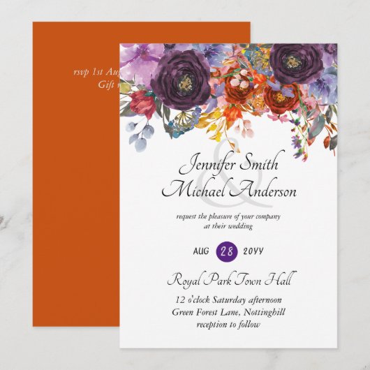 パープルセージ オレンジ ピンク フラワル ウェディング 招待状 (正面/裏面)