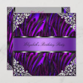 パープルゼブラシルバーフローラ誕生日パーティー 招待状 (正面/裏面)