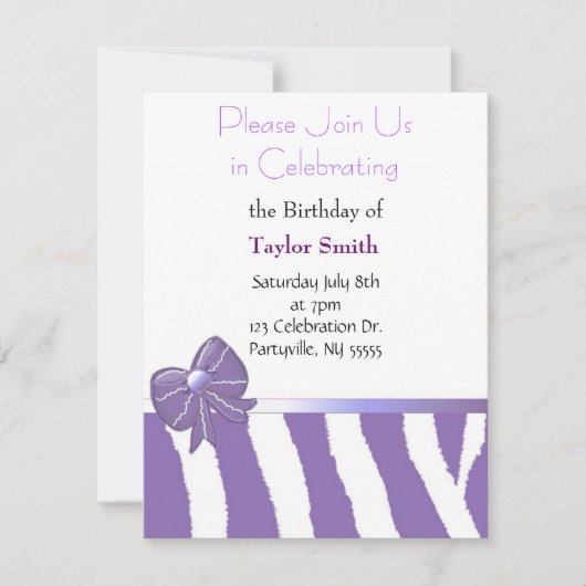 パープルゼブラスリペス誕生日招待状 招待状 (正面)