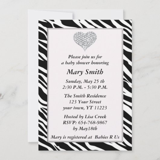 パープルゼブラダイヤモンドハートベビーシャワー招待状 招待状 (裏面)