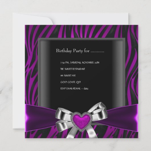 パープルゼブラティアラキンセアニェラ15thバースデーパーティー 招待状 (裏面)