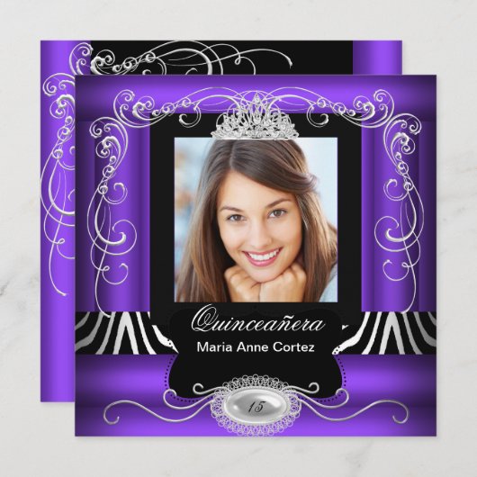 パープルゼブラフォトキンセアニェラ15誕生日 招待状 (正面/裏面)