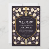 パープルソードシールド結婚ファンタジーのQRコード 招待状 (正面)