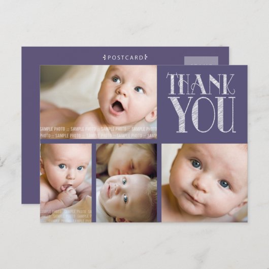 パープルタイポグラフィフォトベビーサンキューポストカード ポストカード (正面/裏面)