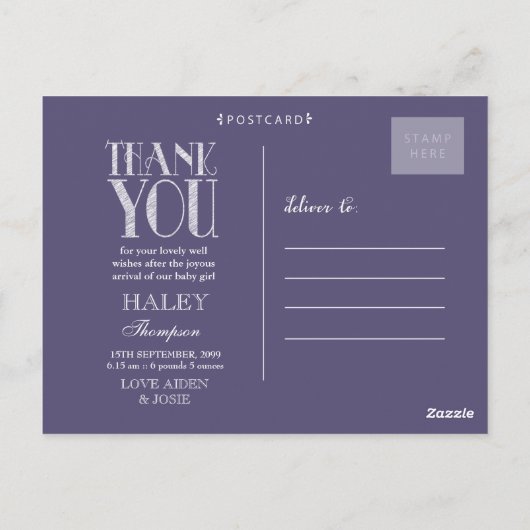 パープルタイポグラフィフォトベビーサンキューポストカード ポストカード (裏面)