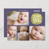パープルタイポグラフィフォトベビーサンキューポストカード 案内ポストカード (正面/裏面)