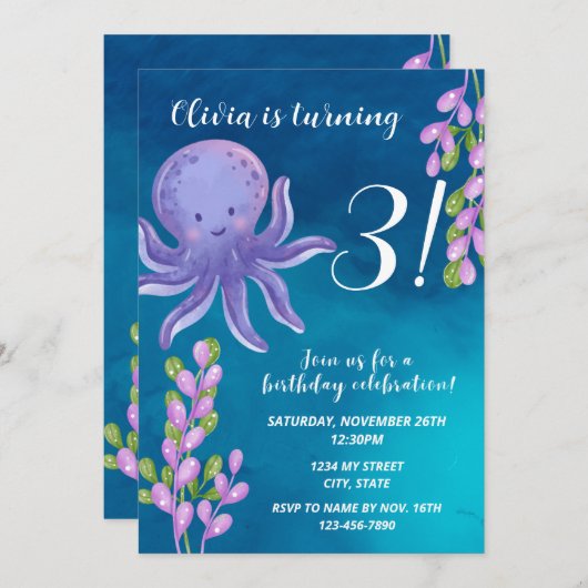 パープルタコ誕生日招待状 招待状 (正面/裏面)