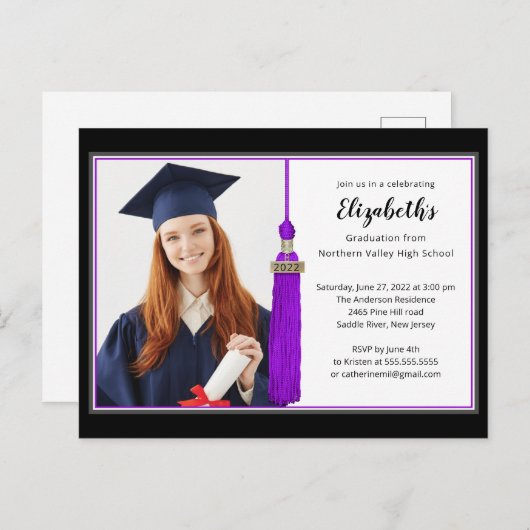 パープルタッセルフォト卒業パーティー招待状 インビテーションポストカード (正面/裏面)