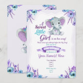 パープルターコイズの女の子の象の招待状　ベビーシャワー 招待状 (正面/裏面)