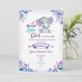 パープルターコイズの女の子の象の招待状　ベビーシャワー 招待状 (スタンド正面)