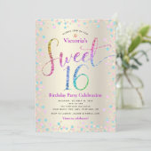 パープルターコイズグリッタースウィート16誕生日金ゴールド 招待状 (スタンド正面)