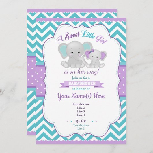 パープルターコイズゾウ赤ちゃんシャワー招待状 招待状 (正面/裏面)