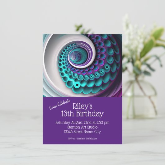 パープルターコイズバースデーパーティーテンプレート 招待状 (スタンド正面)