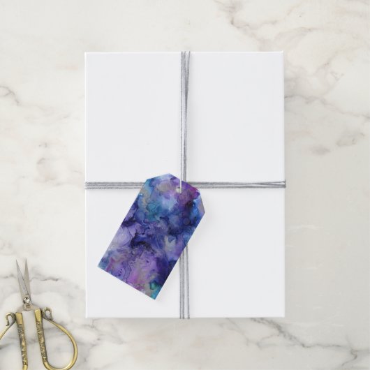 パープルターコイズブルーウォーターカラーマーブル絵を描ー ギフトタグ (より糸付き)